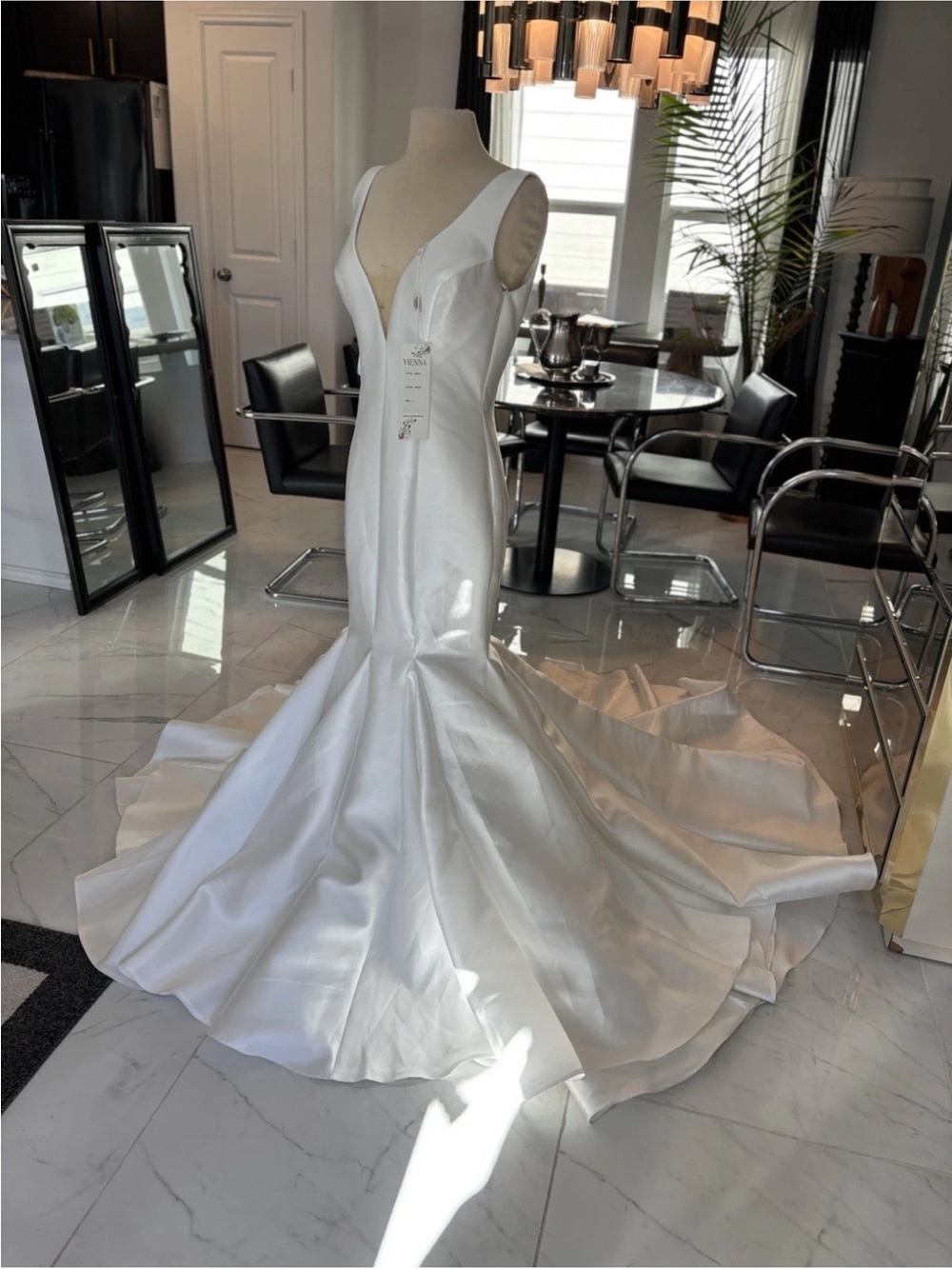 Elegant White Satin Mermaid Wedding Dress with Deep V
